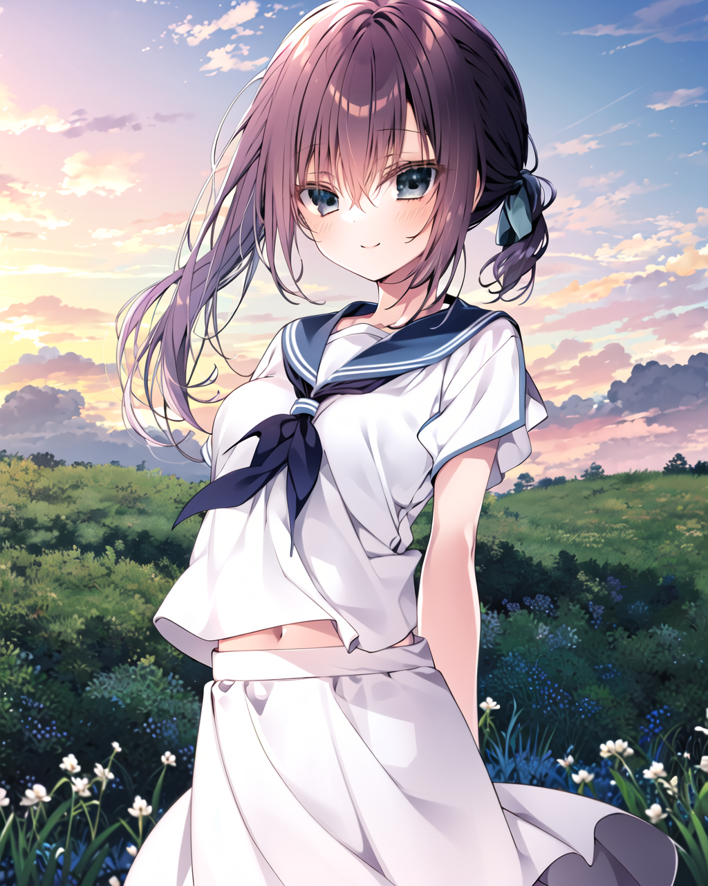 02828-1495355989-masterpiece, best quality, 1girl, solo, outdoors,blush, looking at viewer, smile,grass,bangs,sky, blue sky, cloud, medium breast.png